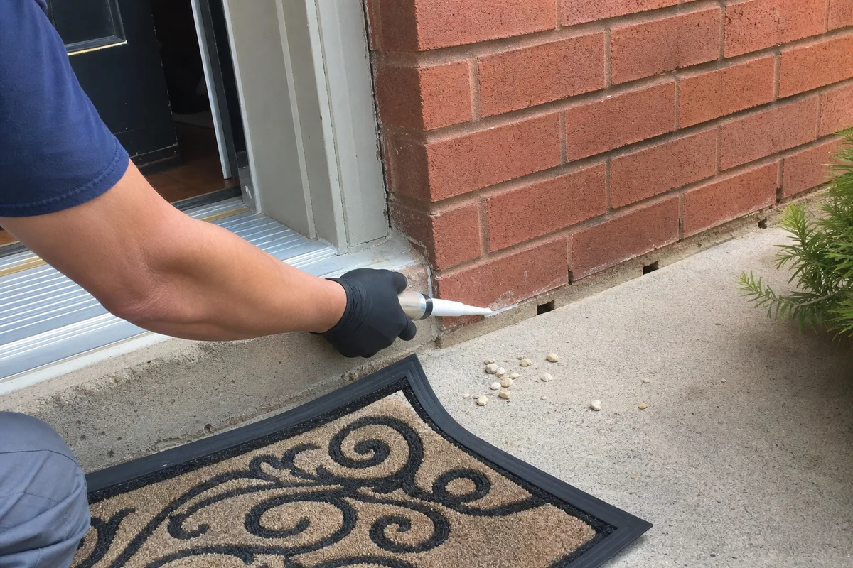 Close-up of weep hole and door threshold treatment